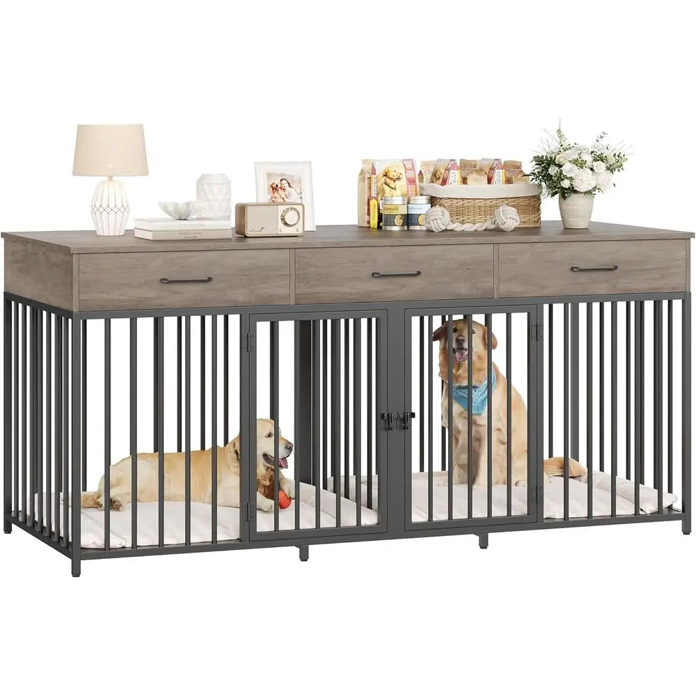 71 Wide Indoor Dog Kennel with 3 Doors, Suitable for 2 Large/Medium Dogs, Heavy Duty Cage with Removable Divider, Wooden Pet House