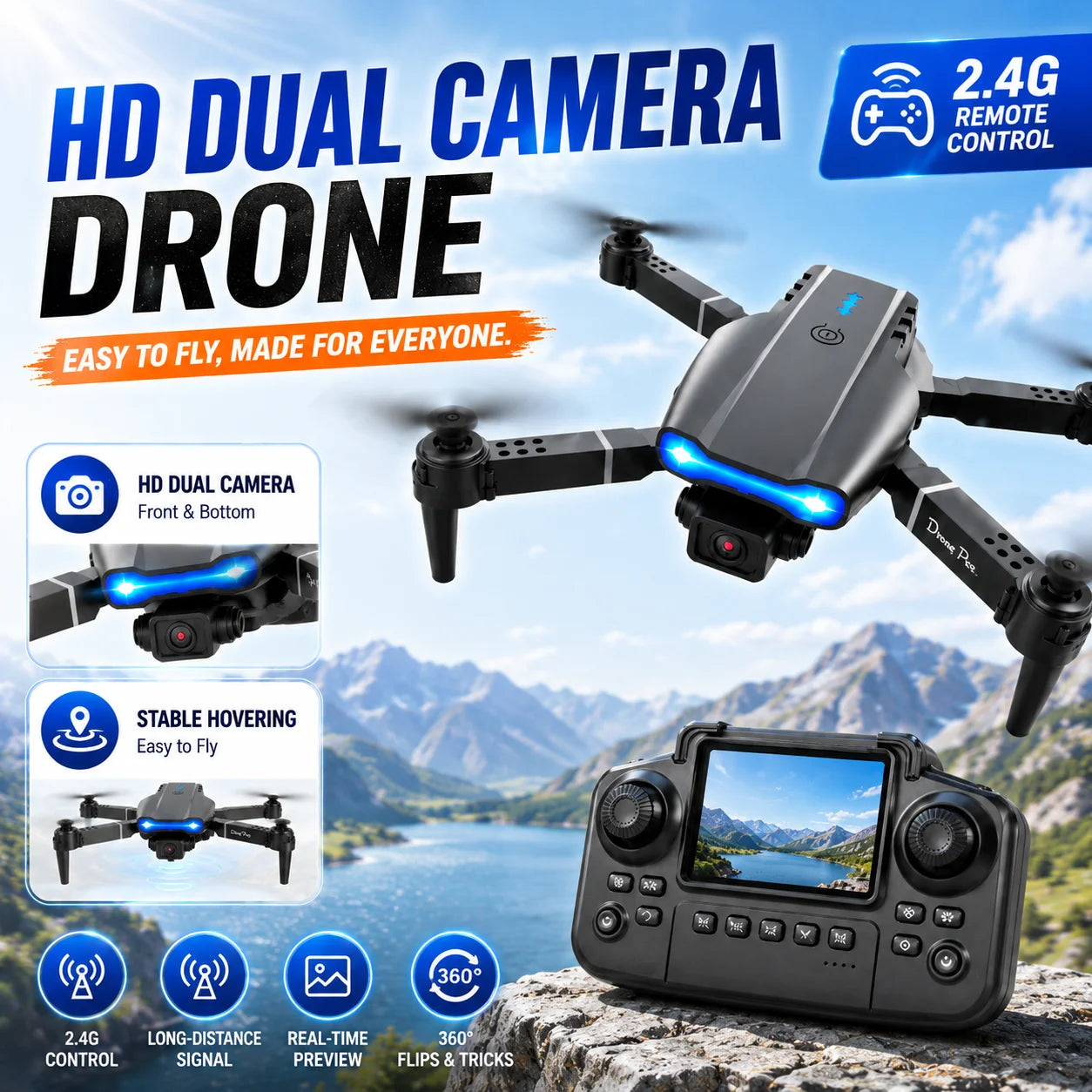 RC Drone with Screen Remote Control 4K Dual Camera Optical Flow Positioning Obstacle Avoidance Foldable FPV WIFI APP Control One Key Return 360° Flip Quadcopter Toy for Beginners