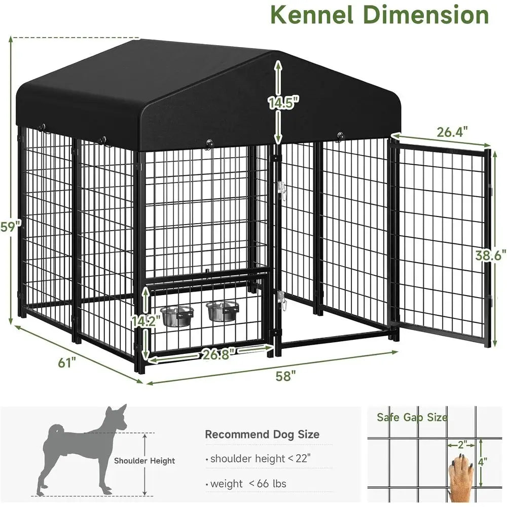 Dog Kennel Outdoor, Outside Dog Kennel with Roof & Swivel Feeders/Removable Doggy Door Allows Connecting Your Dog House, Heavy Duty Door