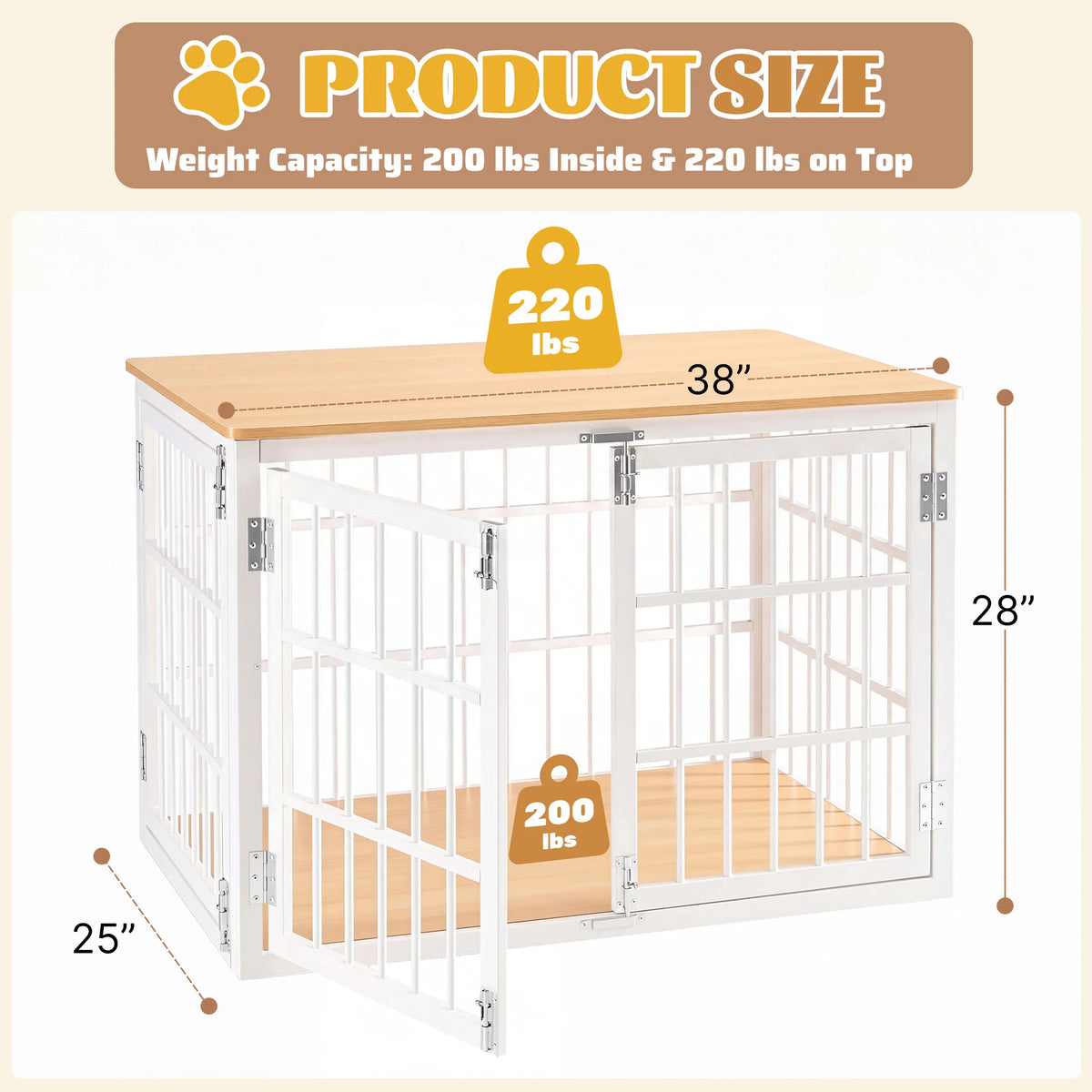 38-Inch Iron Wood Dog Cage with Double Lock Doors Heavy-Duty Extra Large Pet Kennel for Indoor Outdoor Dog Kennel Furniture