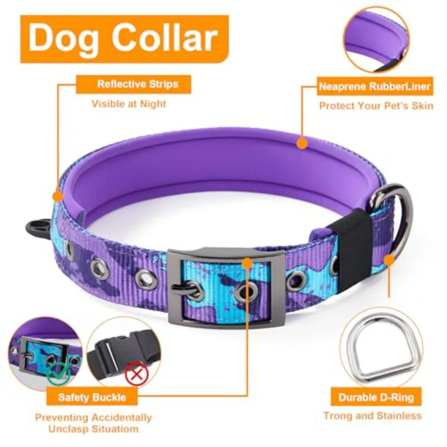 No Pull Dog Harness, Heavy Duty Collar and Leash Set-Leash with Double Handle and Car Seatbelt Clip-Easy Control for Walking
