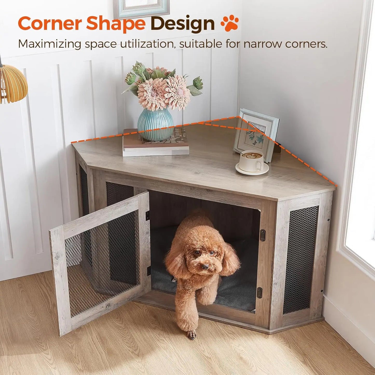 Corner Dog Crate Furniture, Wooden Kennel End Table, Decorative Pet Crate for Small Medium Dogs, TV Stand, Greige and Black