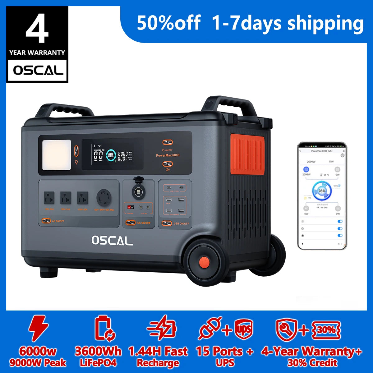 PowerMax 6000 Whole Home Solar Generator, 3600Wh LiFePO4 | 6000W (9000W Surge) | 1.96 H Charge | DC/AC Bi-Directional Inverter | for Home Emergency, Outdoor Camping，Hurricane Backup