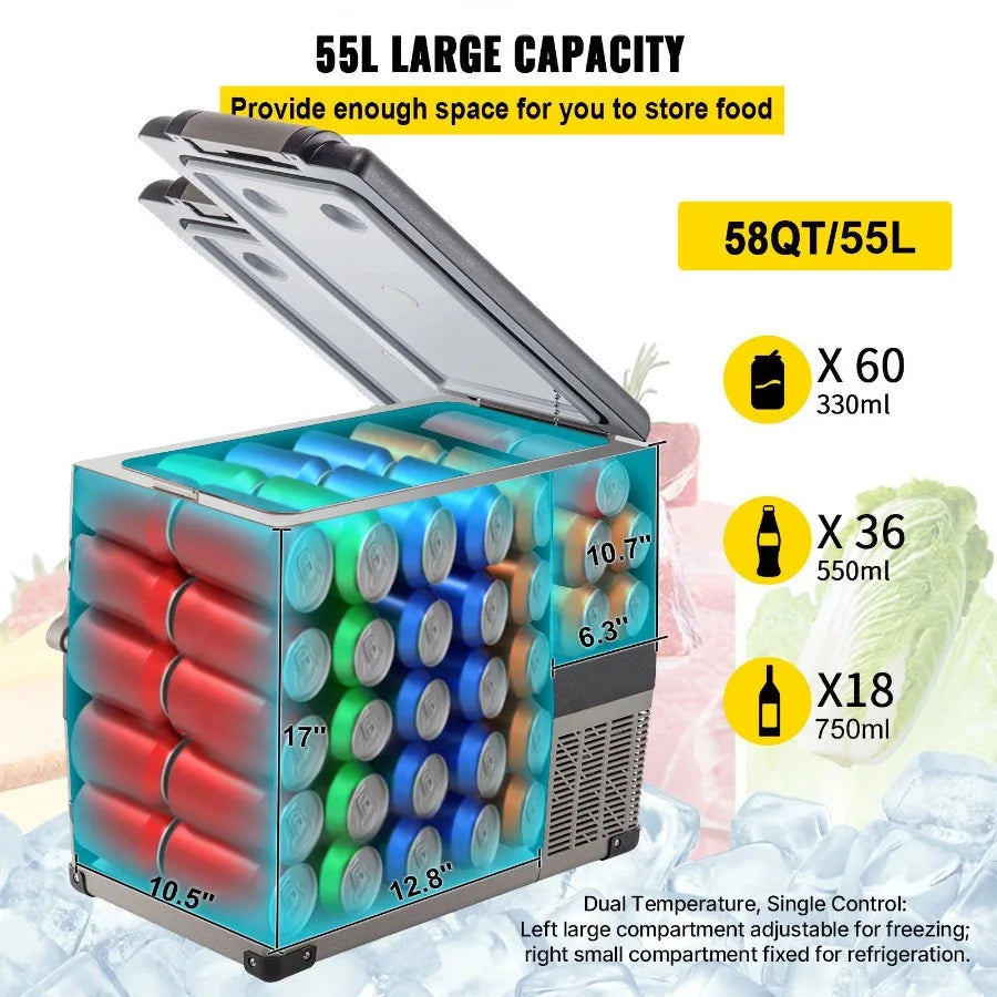 12 Volt Refrigerator 58 Qt Dual Zone Portable Freezer Cooler with 12/24V DC and 110-240V AC for Car Truck RV Camping Home Use