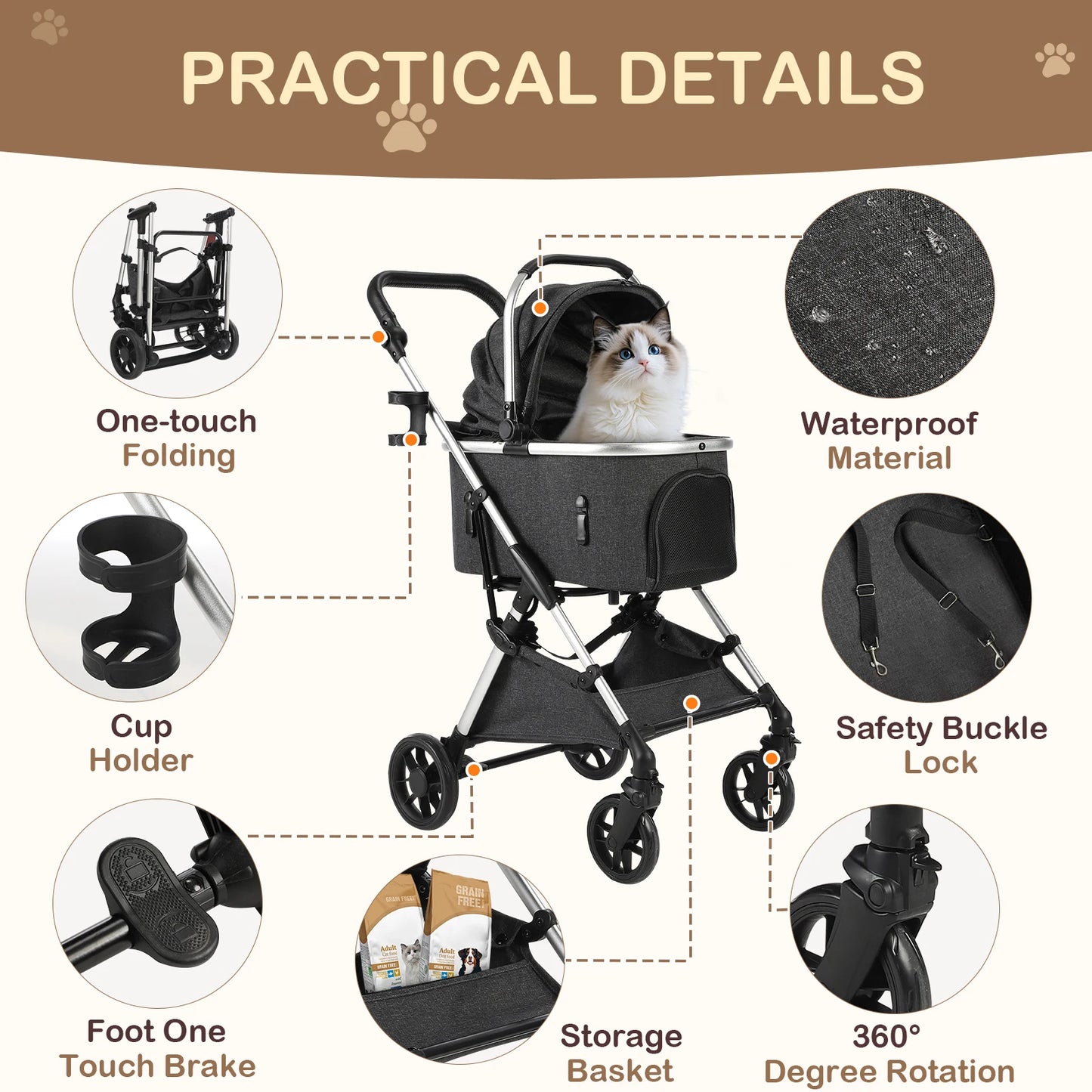 Portable Lightweight Pet Stroller for Medium Dogs - Smooth-Ride 4-in-1 Car Seat Combo with Detachable Carrier Rubber Wheels Quick-Folding for Seniors Cats