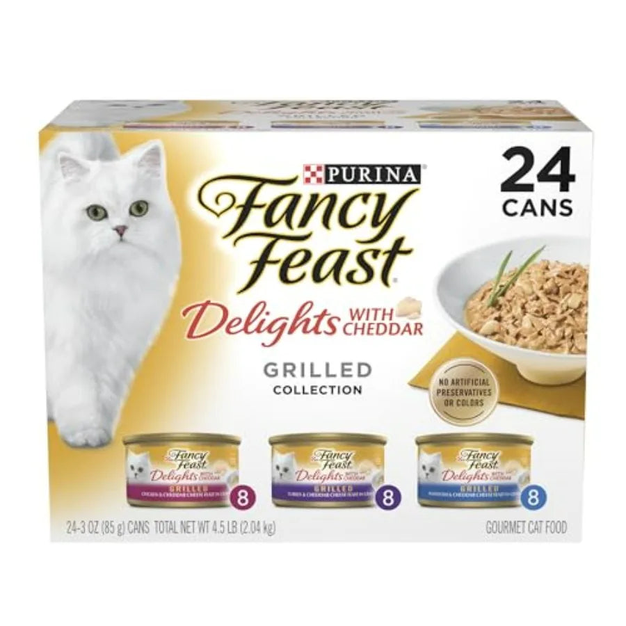 Delights with Cheddar Grilled Chicken, Turkey, or Whitefish and Cheddar Cheese Feast in Gravy Wet Cat Food Variety Pack - 24/3 Oz Cans