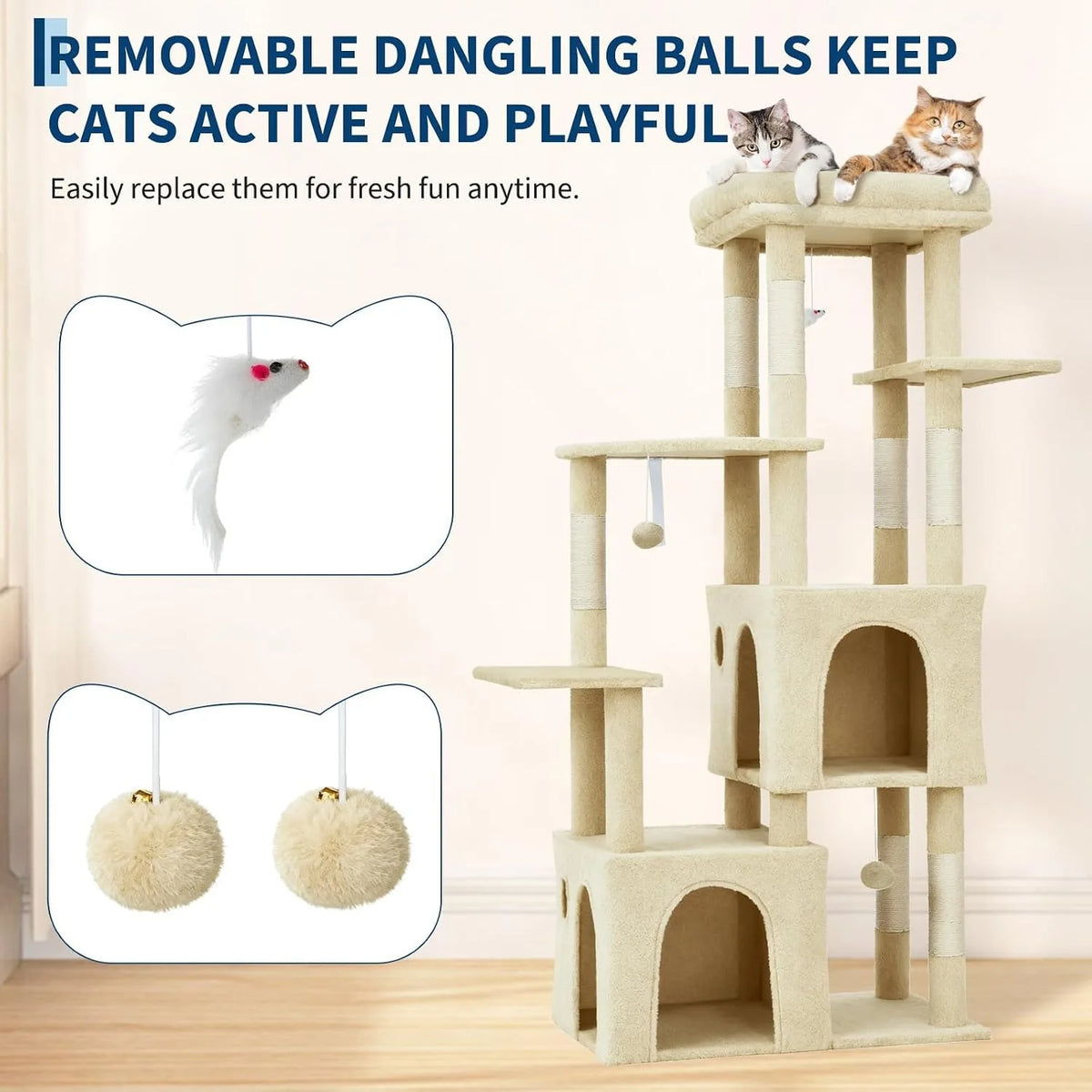 61-Inch Large Cat Tree Tower with 7 Scratching Posts, 2 Cat Condos, Top Perch Multi-Level Cat Climbing Tree Furniture with Hanging Toys Anti-Toppling Design for Indoor Cats Multi Cat Homes