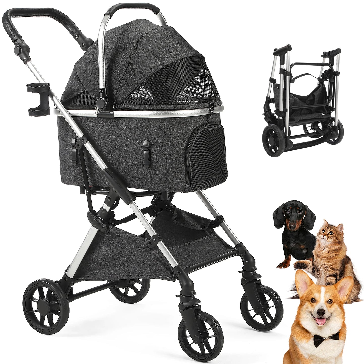 Portable Lightweight Pet Stroller for Medium Dogs - Smooth-Ride 4-in-1 Car Seat Combo with Detachable Carrier Rubber Wheels Quick-Folding for Seniors Cats