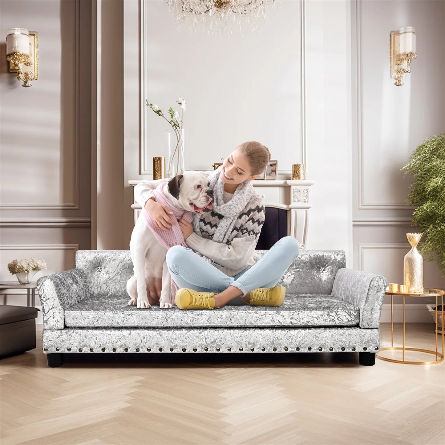 Large Dog Sofa Bed Deluxe Tufted Elevated Jumbo Dog Couch Bed Made Of Velvet - Pet Giant Snuggle Sofa Lounger Memory Foam