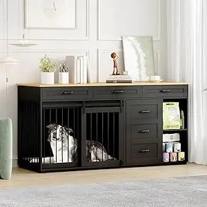 Dog Crate Furniture With Storage, 72.4" Wooden Heavy Duty Dog Kennel Table Furniture With Drawers & Shelves, Indoor Dog House TV