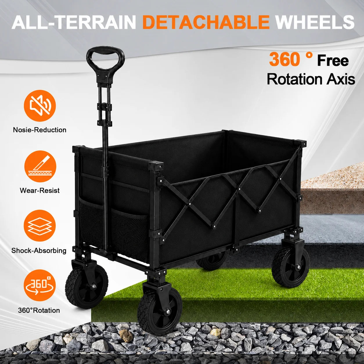 Collapsible Folding Wagon Cart, 480 lbs Heavy Duty Utility Wagon with Large Wheels, Adjustable Pull Handle and Side Cup Holders, Portable Garden Cart for Shopping, Camping, Sports Gear and Outdoor Use