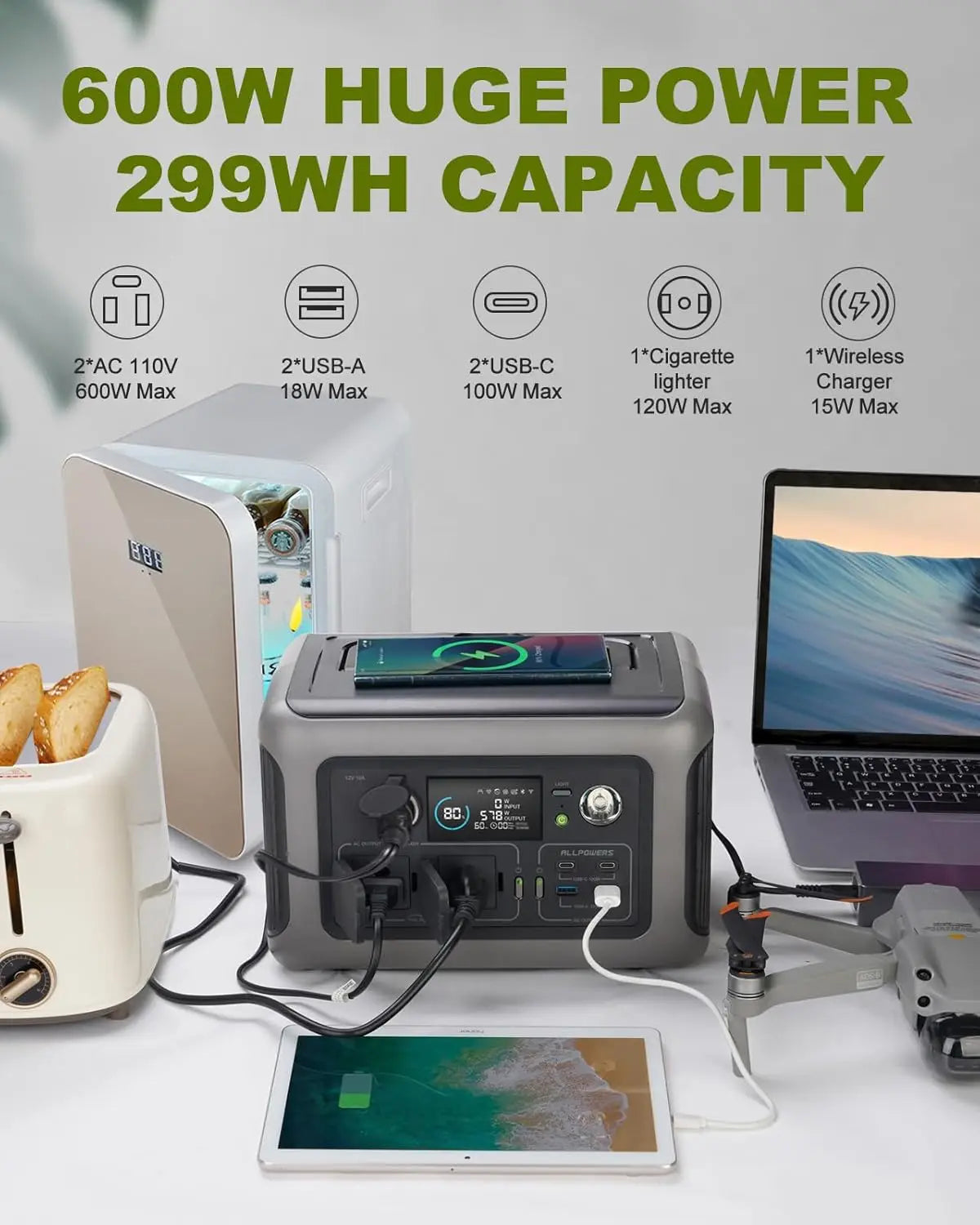 Portable Power Station R600, 299Wh LiFeP04 Battery with 2x 600W (1200W Surge) AC Outlets for Outdoor Camping RV Home