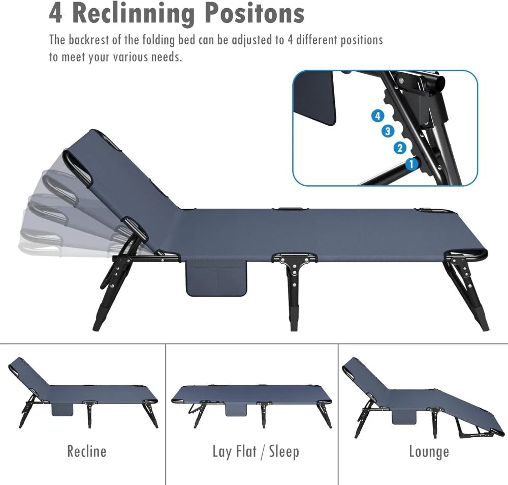 Folding Camping Cot with Padded Mattress & Pillow, 4-Position Reclining, 500lbs Capacity, Blue