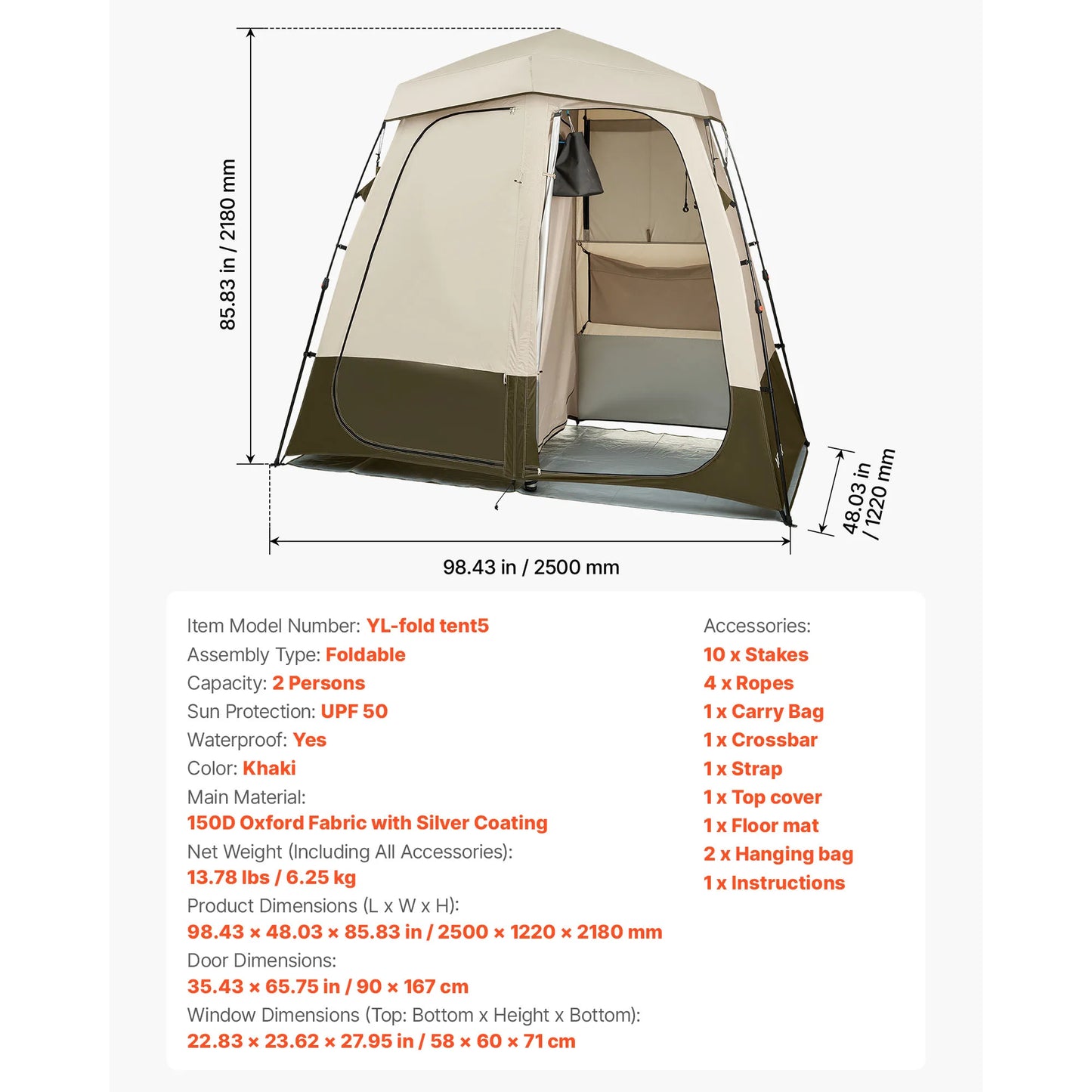 Camping Shower Tent 1 Room Foldable Privacy Tent Changing Room with Ground Stakes Ropes Carry Bag and Crossbar