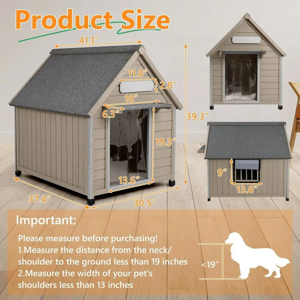 Large Dog House Indoor Outdoor with Window, Doghouse Kennel Shelter with Anti-Chewing Iron Frame for Medium to Small Dogs, Easy Assembly