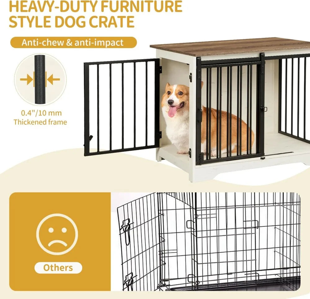 31.9" Wooden Dog Crate Furniture with Barn Door, Heavy Duty Indoor Kennel for Small Medium Dogs up to 44 lb, Anti-Chew Anti-Escape, White Brown
