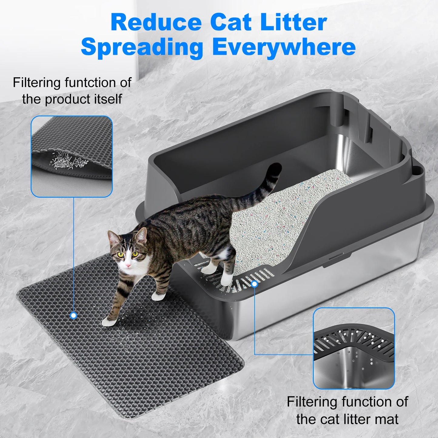 Stainless Steel Cat Litter Box, Extra Large Splash-proof & Leak-proof Litter Box Suitable for Large Cats