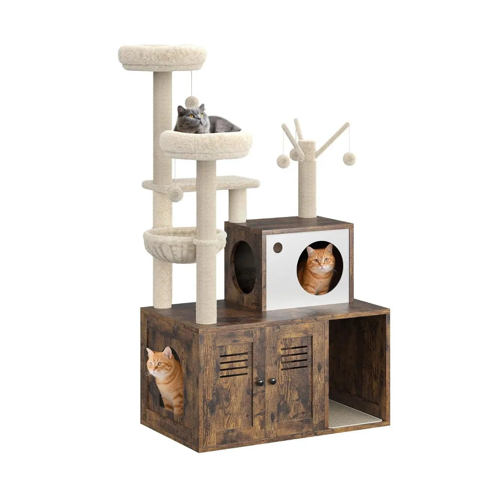 Cat Tower with Litter Box Enclosure, 2-in-1 Modern Cat Tree, 55.1-Inch Cat Condo with Scratching Posts, Hidden Litter Cabinet, Hammock & Perches, Engineered Wood, Indoor Use