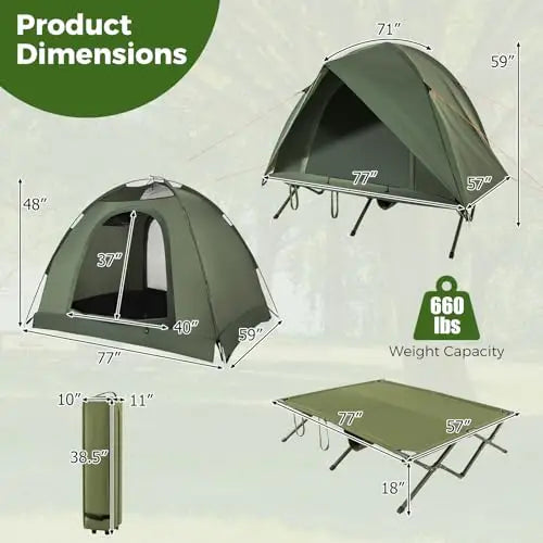 Elevated 2-Person Camping Tent With Integrated Cot, Removable Rainfly, Sturdy Metal Frame, Non-Slip Pads, Wind Ropes And Stakes