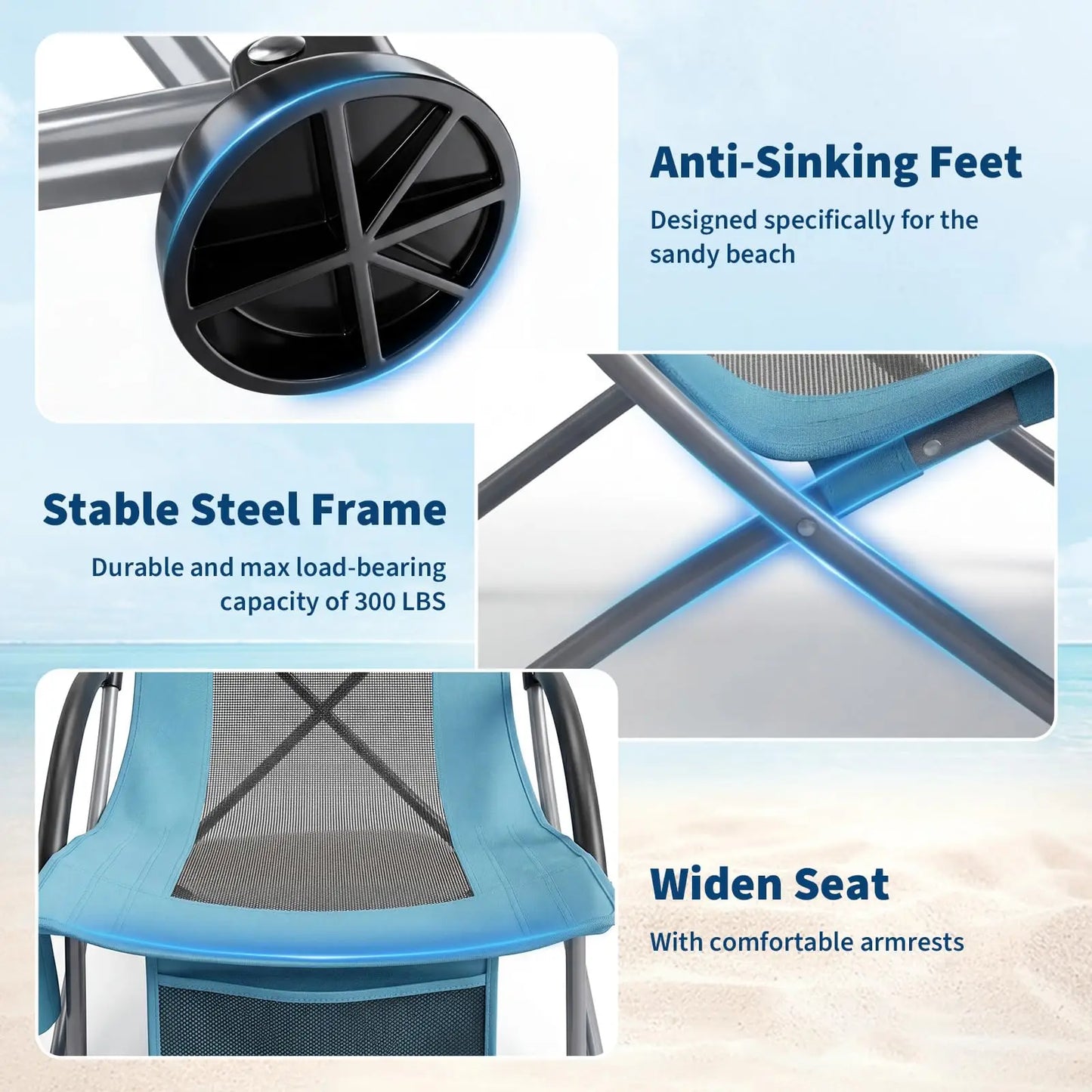 High Back Beach Chair, Folding Beach Chairs, Extra Wide Seat Chair with Cup Holder, Storage Pocket & Carry Bag for Camping Travel