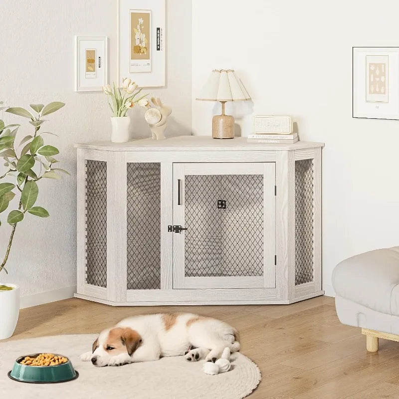 Corner Dog Crate Furniture, 52 inch Decorative Pet Crate with Metal Mesh, Wooden Dog Kennel Indoor Use for Small, Medium