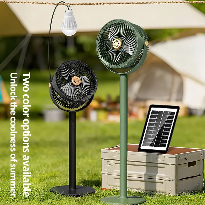 Portable Solar Fan, Multifunctional Camping Fan, Solar Panel or USB Rechargeable Fan, 5 Wind Speeds, 4 Adjustable Heights Floor Fan/Table Fan, Can Charge Mobile, Suitable for Indoor and Outdoor Activities and Emergencies.