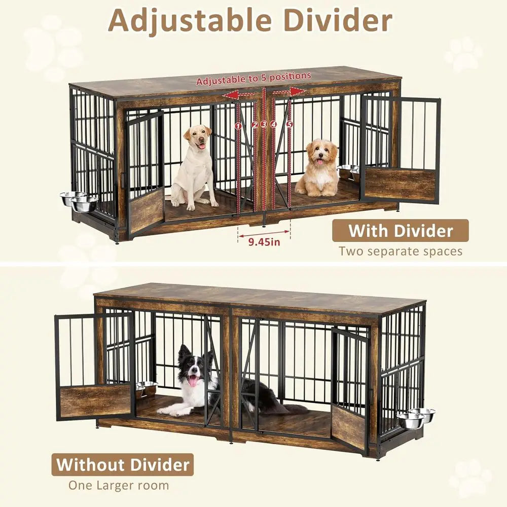 XL Double Dog Crate Furniture, TV Stand with Adjustable Divider, 4 Bowls, Suitable for Medium to Small Breeds, Brown