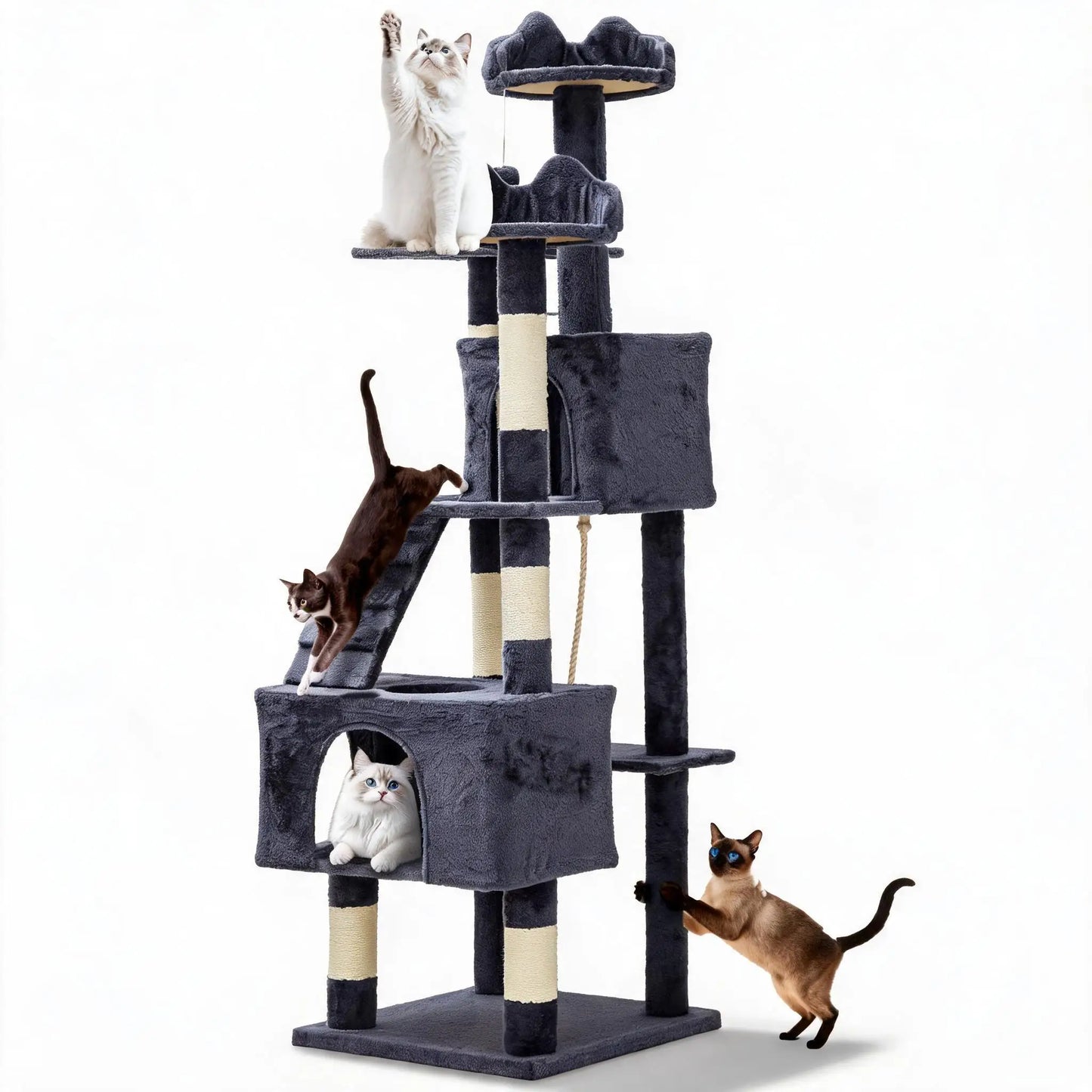 72" Cat Tree for Large Cats, Multi-Level Cat Tower with 6 Sisal Scratching Posts, 2 Condos, 3 Perches, Hammock & Dangling Toys, Sturdy Particle Board with Anti-Tip Kit, Dark Grey