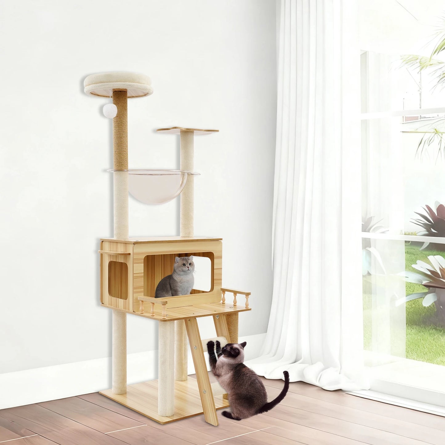 White+Wood Cat Tree for Indoor Cats - 50cm x 50cm x 147cm Cat Scratching Climbing Tower, Floor Mount, 12.83kg Net Weight