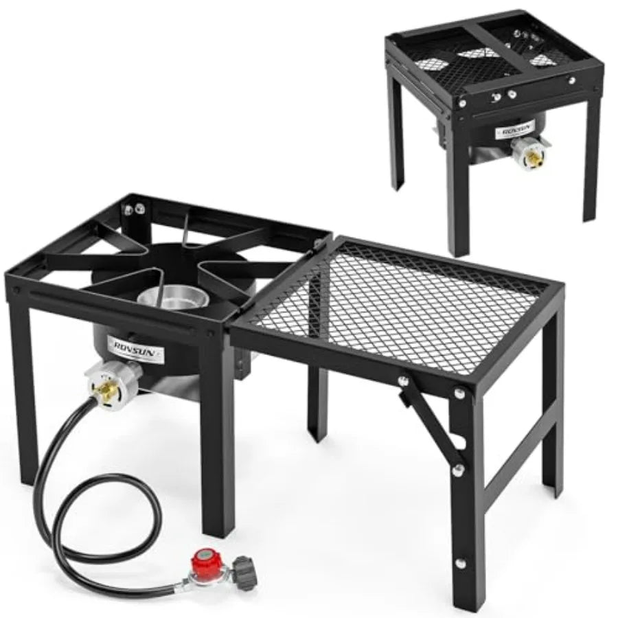 Outdoor Single Burner Propane Gas Stove With Detachable Foldable Side Rack, Stainless Steel Gray Finish, Portable, Lightweight, Durable