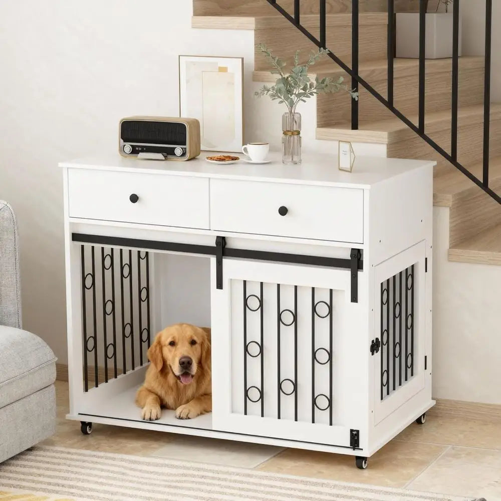 Indoor Dog Crate Furniture with Sliding Door, Lockable Wheels, and Metal Bars for Small to Medium Dogs