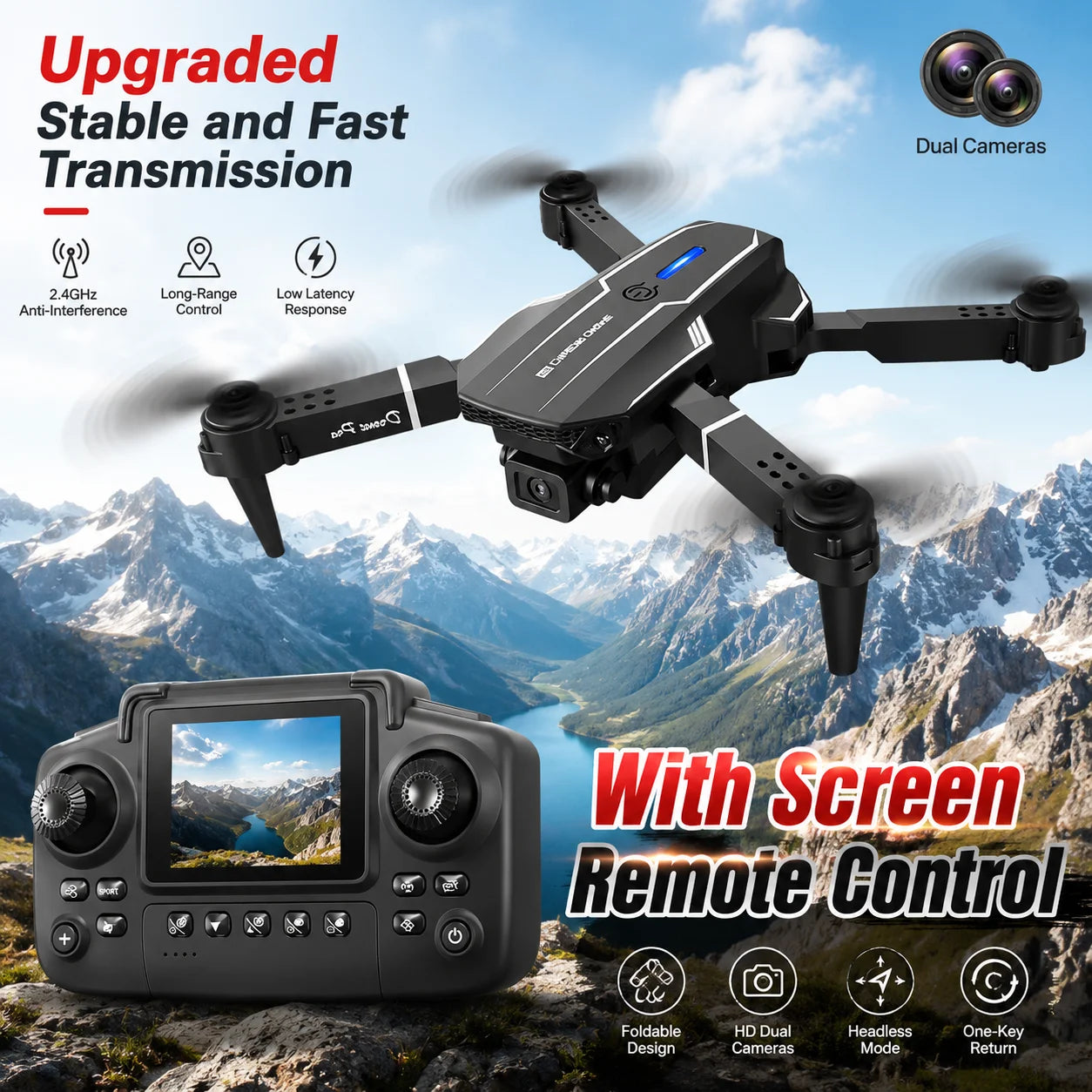 2.4Ghz RC Drone with HD Dual Camera Altitude Hold Path Planning Flight 3-Speed Adjustable Foldable Drone Toy