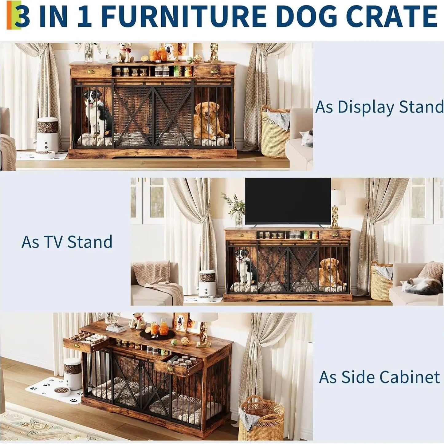 63 Inch Large Double Dog Crate Furniture with Divider Sliding Doors Storage Drawers Open Shelves Heavy Duty Wooden Indoor Dog Kennel Cabinet for Multiple Dogs Living Room Bedroom Entryway