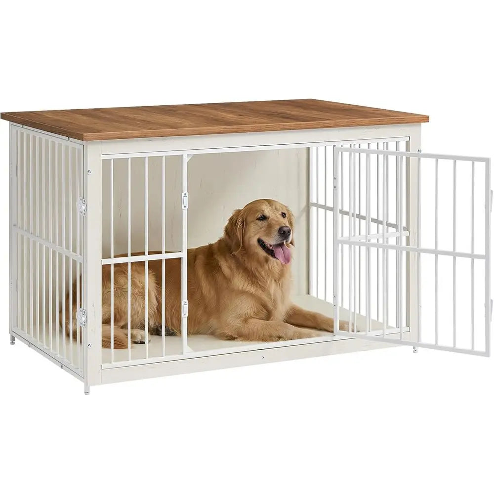 Wooden Dog Crate Furniture, 48 Inches Heavy-Duty Kennel or Dogs up to 110 lb, with Double Do and Enclosed Wood Base, Modern Pet Cage