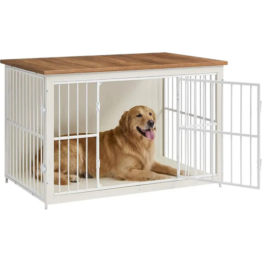 Wooden Dog Crate Furniture, 48 Inches Heavy-Duty Kennel or Dogs up to 110 lb, with Double Do and Enclosed Wood Base, Modern Pet Cage