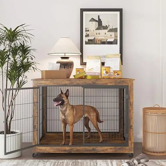 Wooden Dog Crate Furniture with 43.7" Kennel, 3-Door Access, Flip-Up Top, and Wheels for Decorative Pet Housing