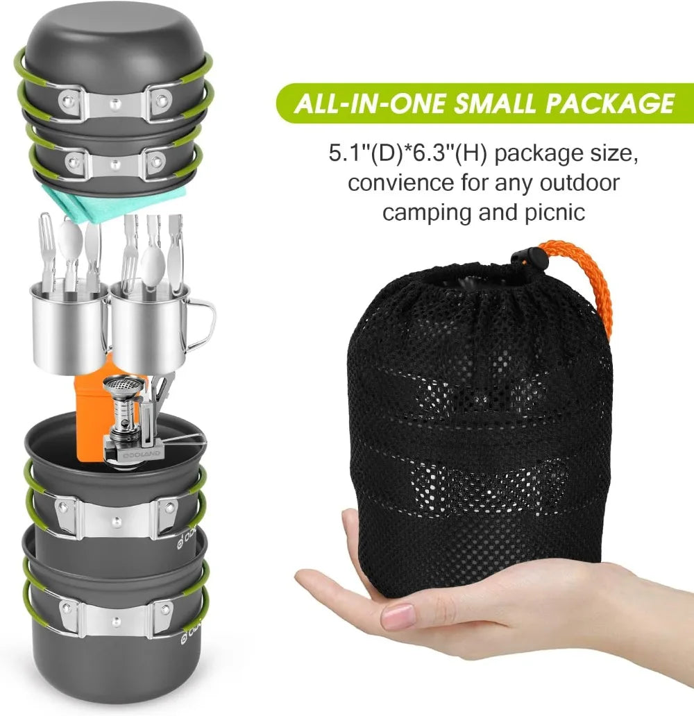 16pcs Camping Cookware Mess Kit, Lightweight Pot Pan Mini Stove with Cups & Cutlery for Backpacking Hiking Picnic