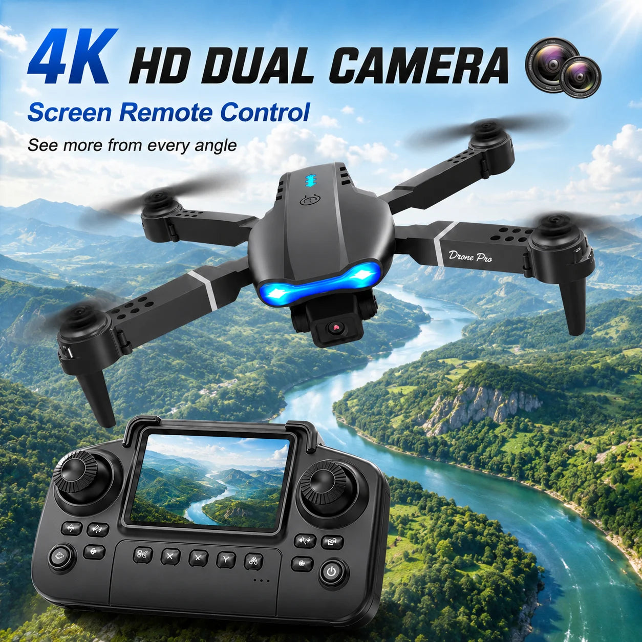 RC Drone with Screen Remote Control 4K Dual Camera Optical Flow Positioning Obstacle Avoidance Foldable FPV WIFI APP Control One Key Return 360° Flip Quadcopter Toy for Beginners