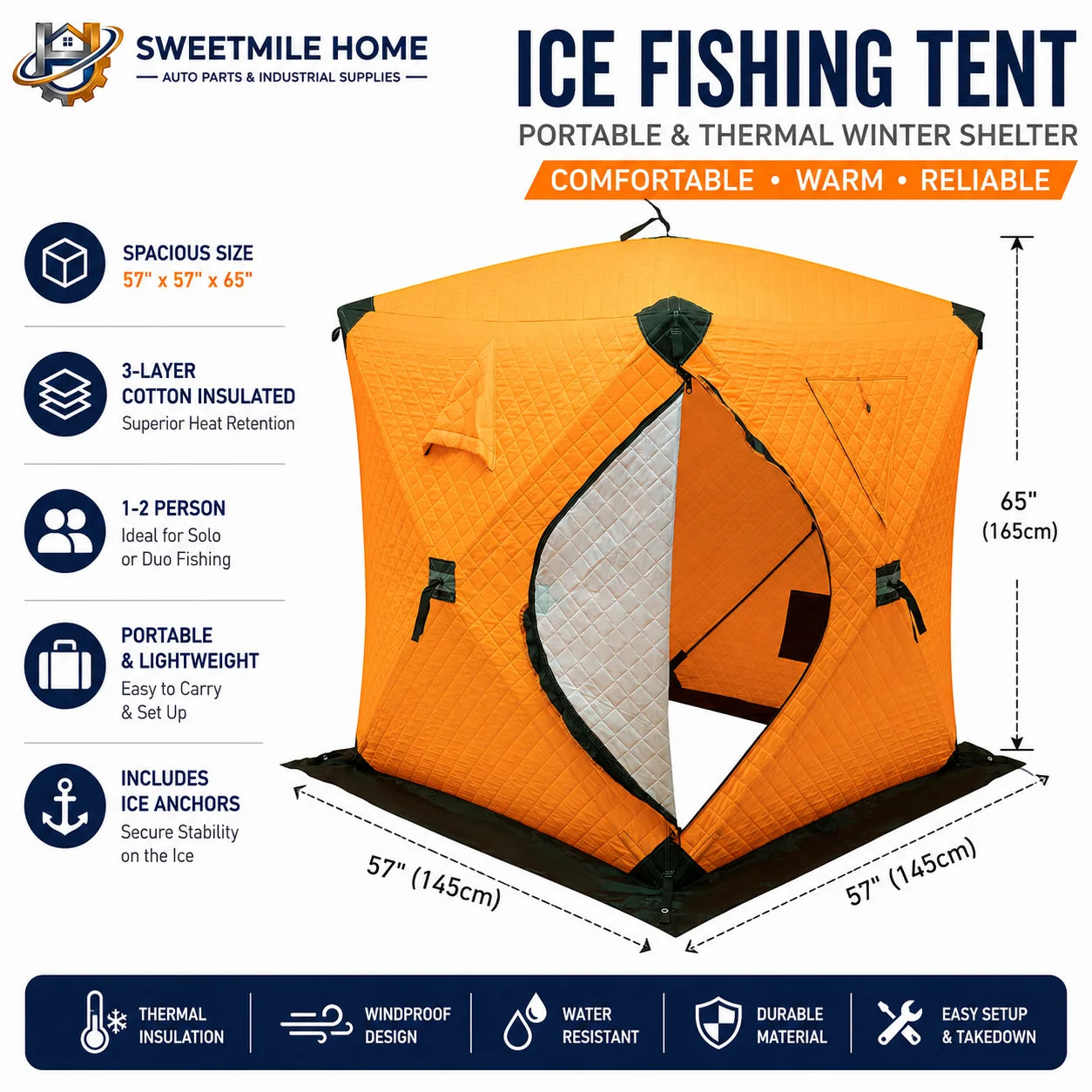 Orange 57" x 57" x 65" Portable Ice Fishing Tent 3-Layer Cotton Insulated Thermal Winter Fishing Shelter 1-2 Person with Ice Anchors