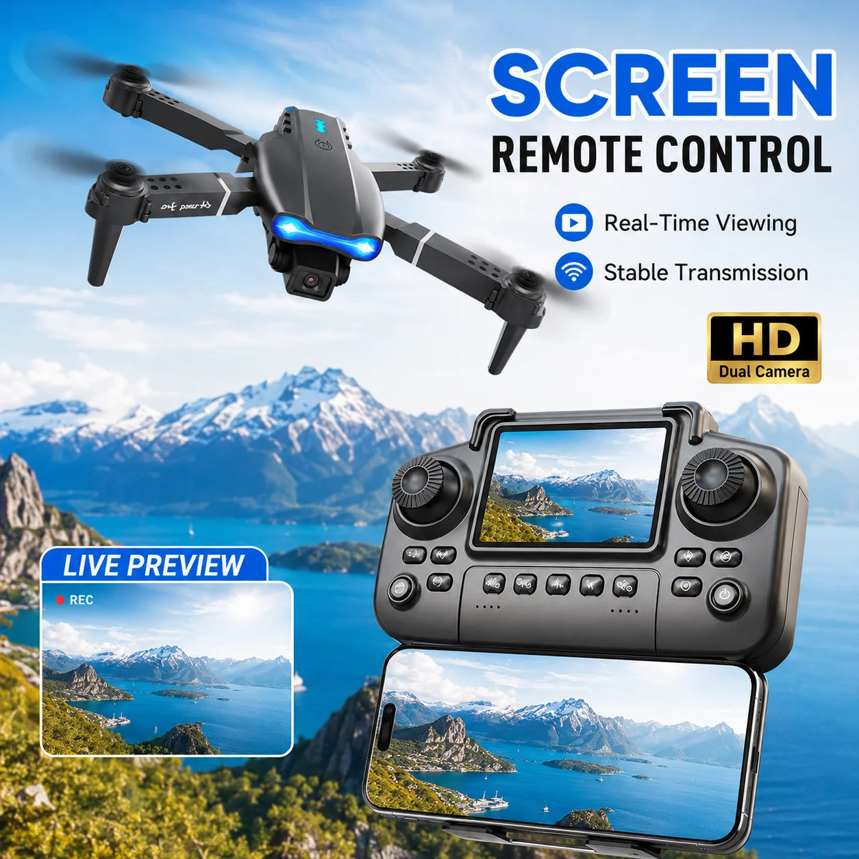 RC Drone with Screen Remote Control 4K Dual Camera Optical Flow Positioning Obstacle Avoidance Foldable FPV WIFI APP Control One Key Return 360° Flip Quadcopter Toy for Beginners