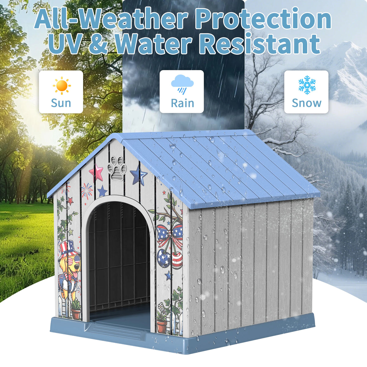 Outdoor Plastic Dog House, Weatherproof Pet Shelter with Printed Pattern Door, Outdoor Dog Cabin for Small Medium Dogs