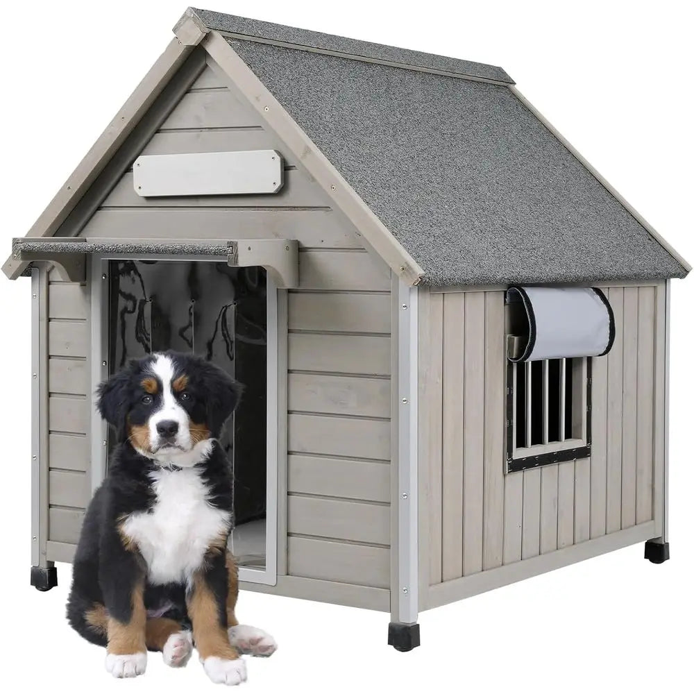 30.5" Waterproof Asphalt Roof Outdoor Dog House for Small to Medium Dogs, Large Metal Anti-Chew Indoor Kennel with Cloth Window