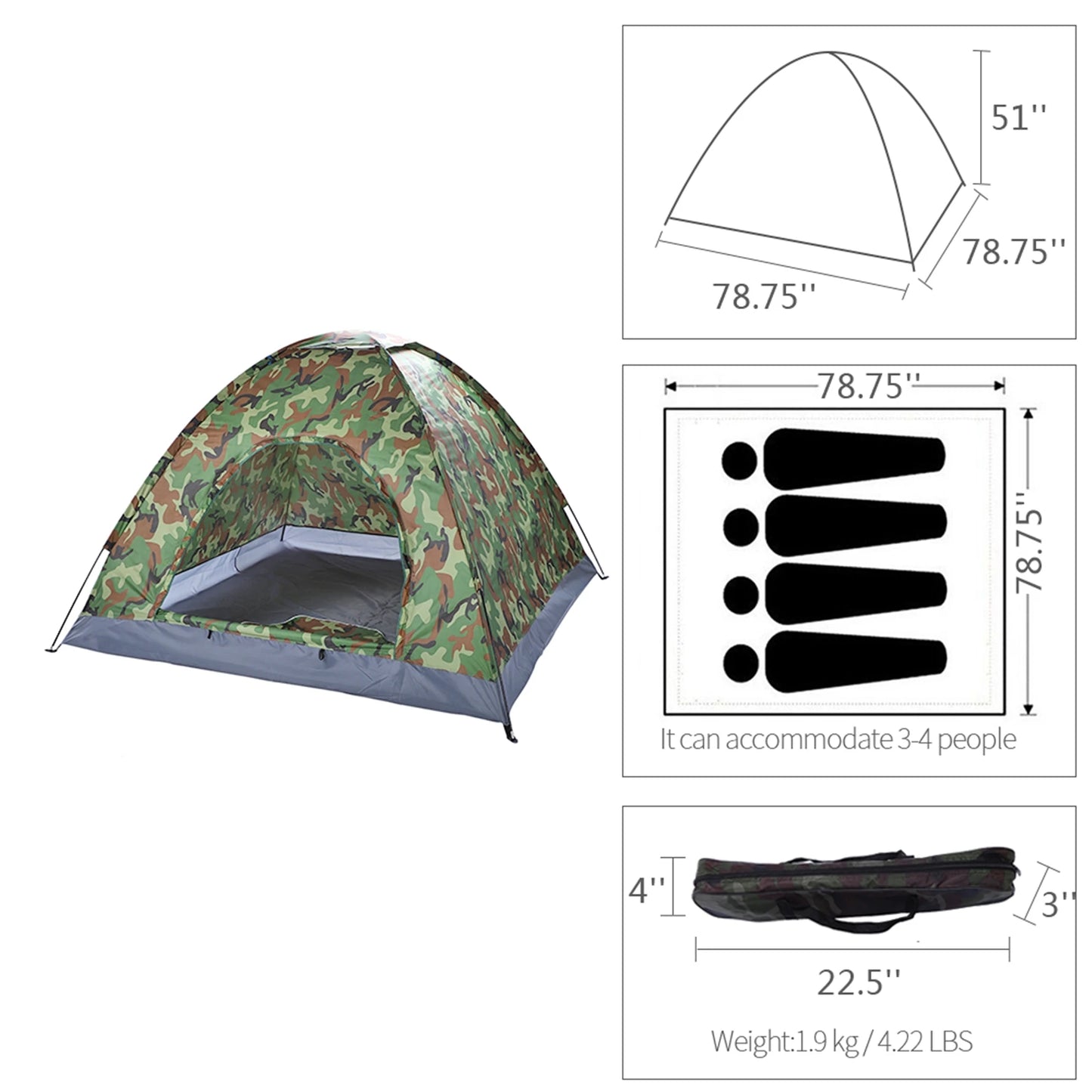 3-4 Person Camping Dome Tent Waterproof UV Proof 180T Silver Coated Polyester Fiberglass Poles Portable Bag Outdoor Camouflage