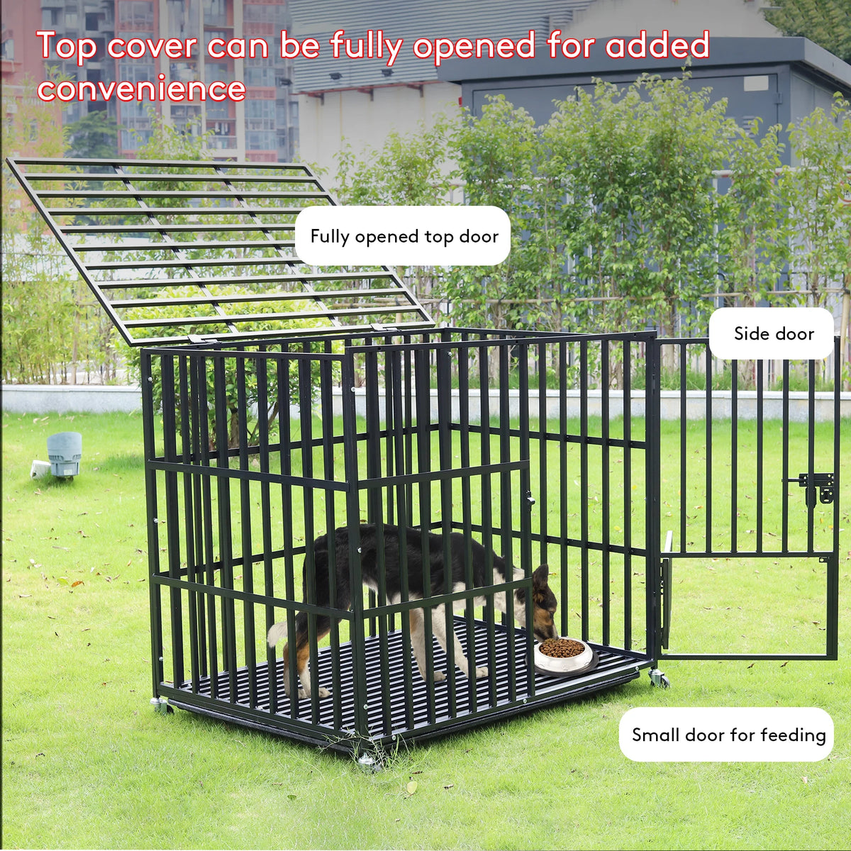 Large Heavy-Duty Dog Crate with 4 Lockable Wheels, 3 Doors, and Tray Metal Pet Kennel Cage Playpen for Medium, Large Dogs