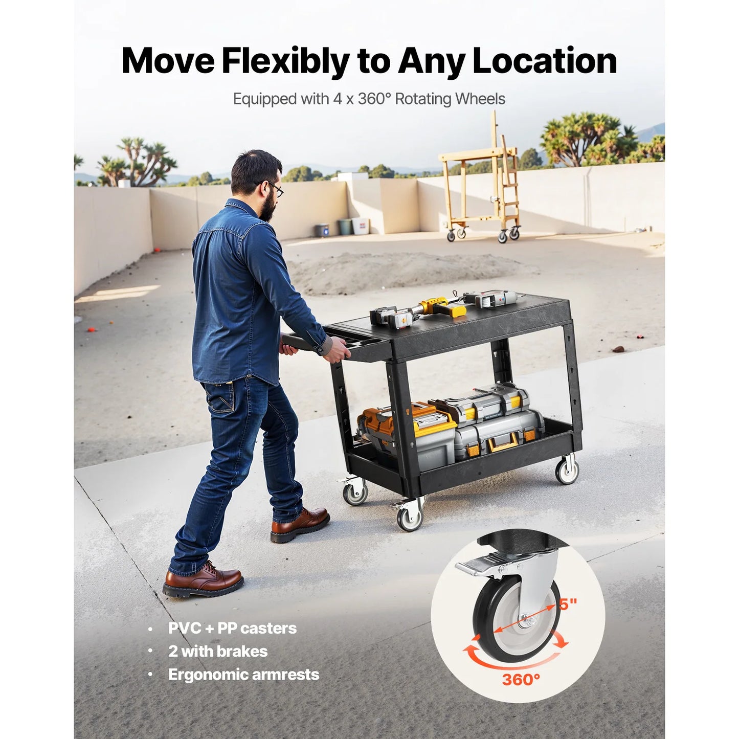 550 lbs Utility Service Cart Two-Shelf Plastic Hand Dolly Cart with 360° Swivel Wheels for Warehouse Garage Cleaning