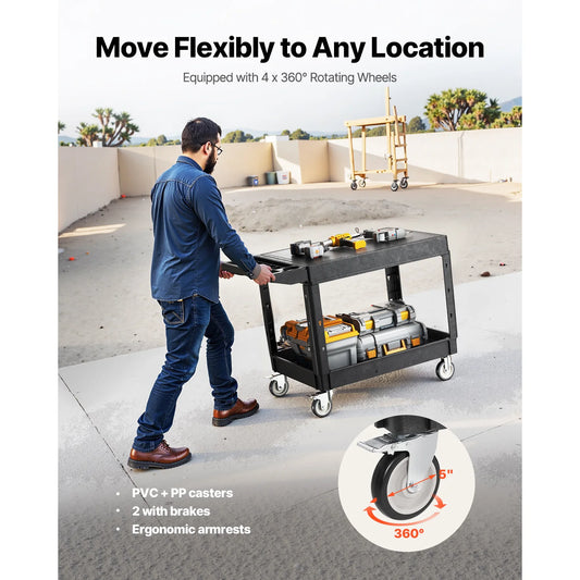 550 lbs Utility Service Cart Two-Shelf Plastic Hand Dolly Cart with 360° Swivel Wheels for Warehouse Garage Cleaning