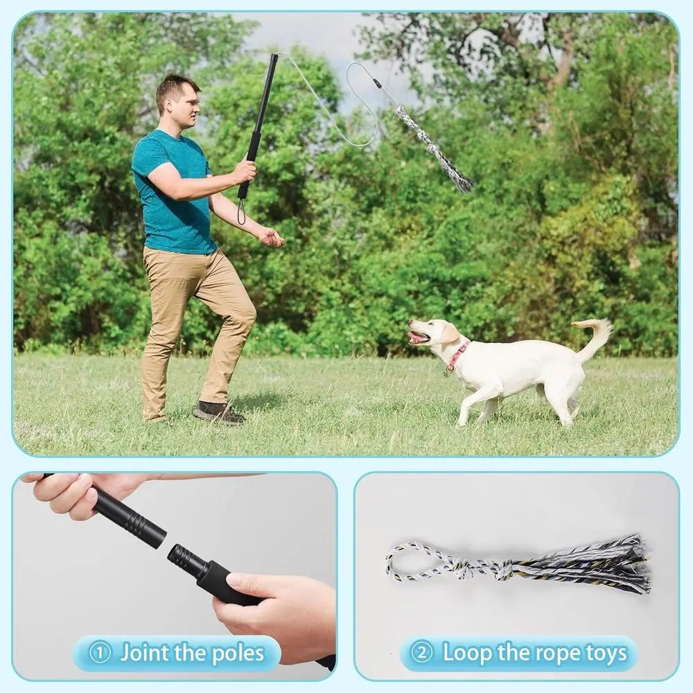 Interactive Chase and Tug-O-War Outdoor Dog Toys, Heavy Duty Dog Teaser Wand Chase Toys with Rope, Durable Stick Pole for Dogs O