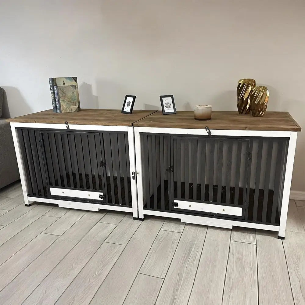 Expandable Wooden Dog Crate with 360° Swivel Bowls, Double-Sided End Table, Indoor Kennel, No Assembly Required