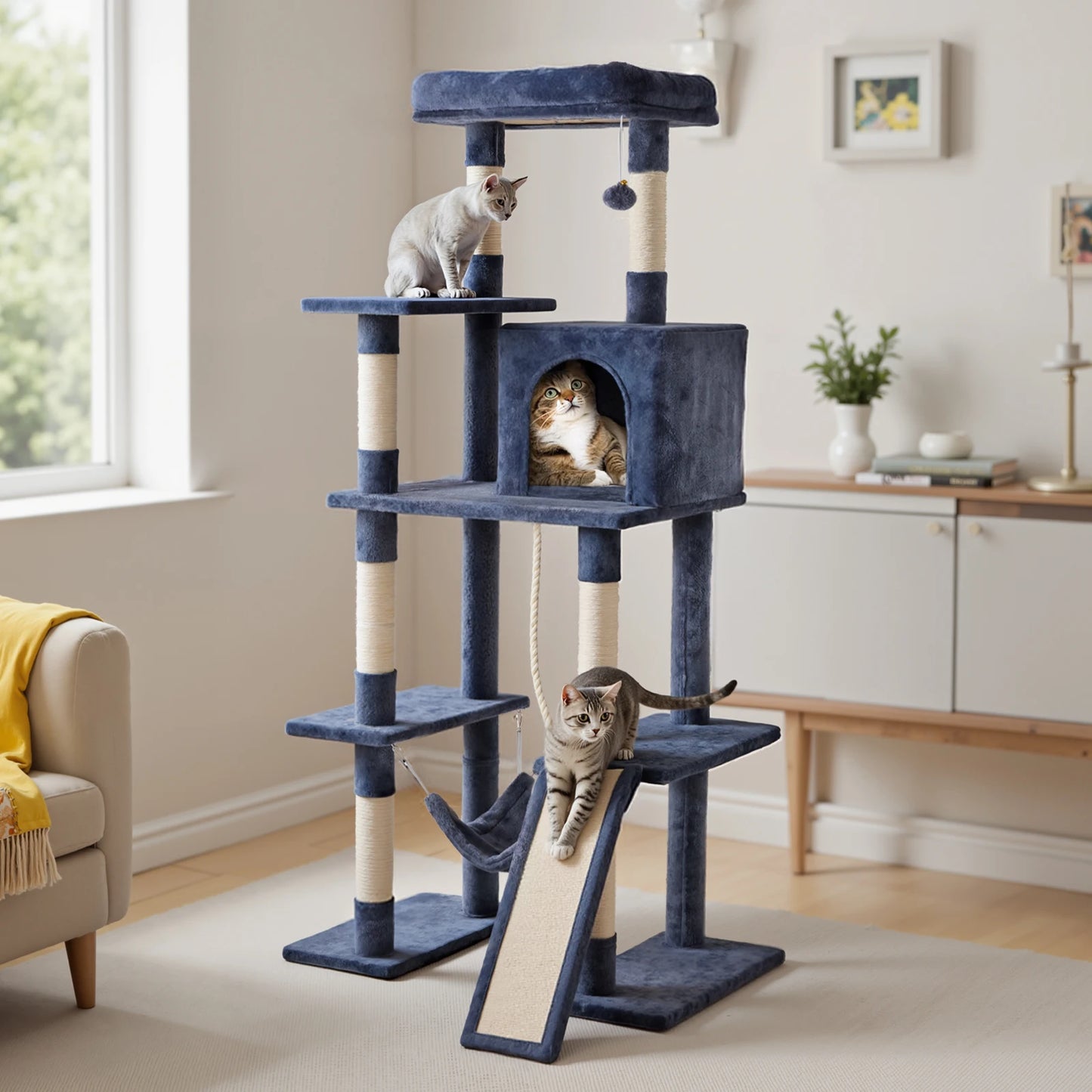 63 In Cat Tree Tall Multi-Cat Climbing Tower for Pet Furniture Natural Sisal Scratching Posts, Stable Pet House for Indoor Cat