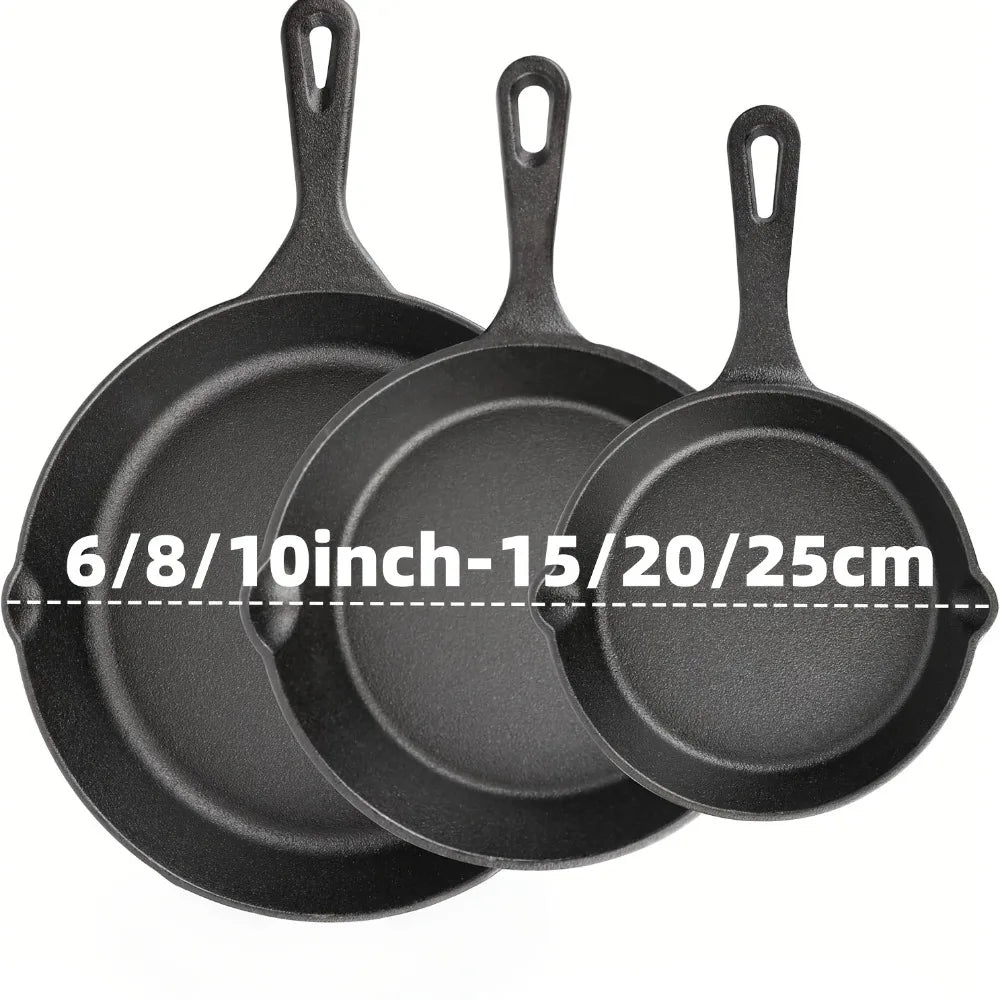 3 PCS Cast Iron Skillet Set (6/8/10 Inch)  Pre-Seasoned, Heavy-Duty Pans for Oven, Grill & Campfire, Even Heat, Non-Stick Surface
